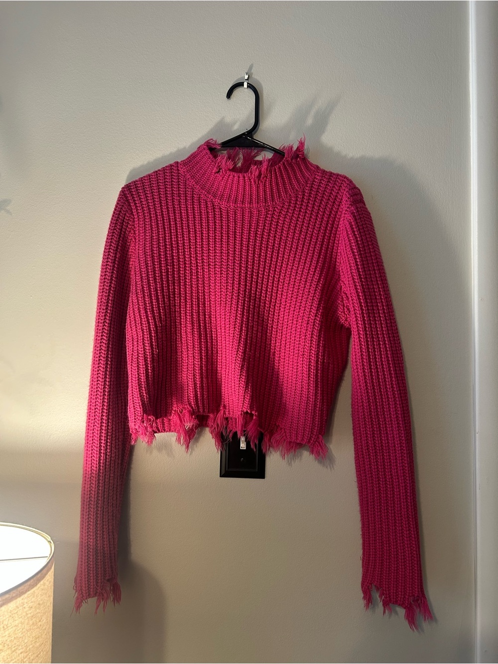 Love Tree Cropped Hot Pink Distressed Ribbed Knit Sweater